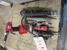 Assorted pneumatic tools including tyre inflators, pop riveter, angle drill, nibbler