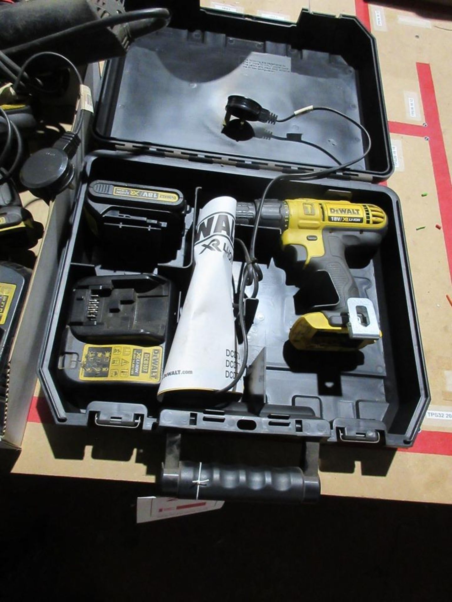 Three Dewalt 18V drills, batteries & chargers & Metabo angle grinder - Image 3 of 5