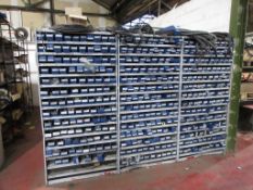Three parts racks each approx. 930mm x 470mm x 1900mm highwith quantity of parts bins & contents