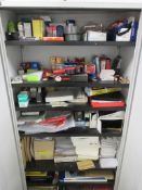 Double door cabinet, approx. 960mm x 450mm x 1800mm high with contents of office stationery