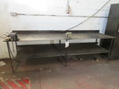 Fabricated Steel bench, approx.: 3000mm x 800mm approx. 835mm high with 2 x engineers vices
