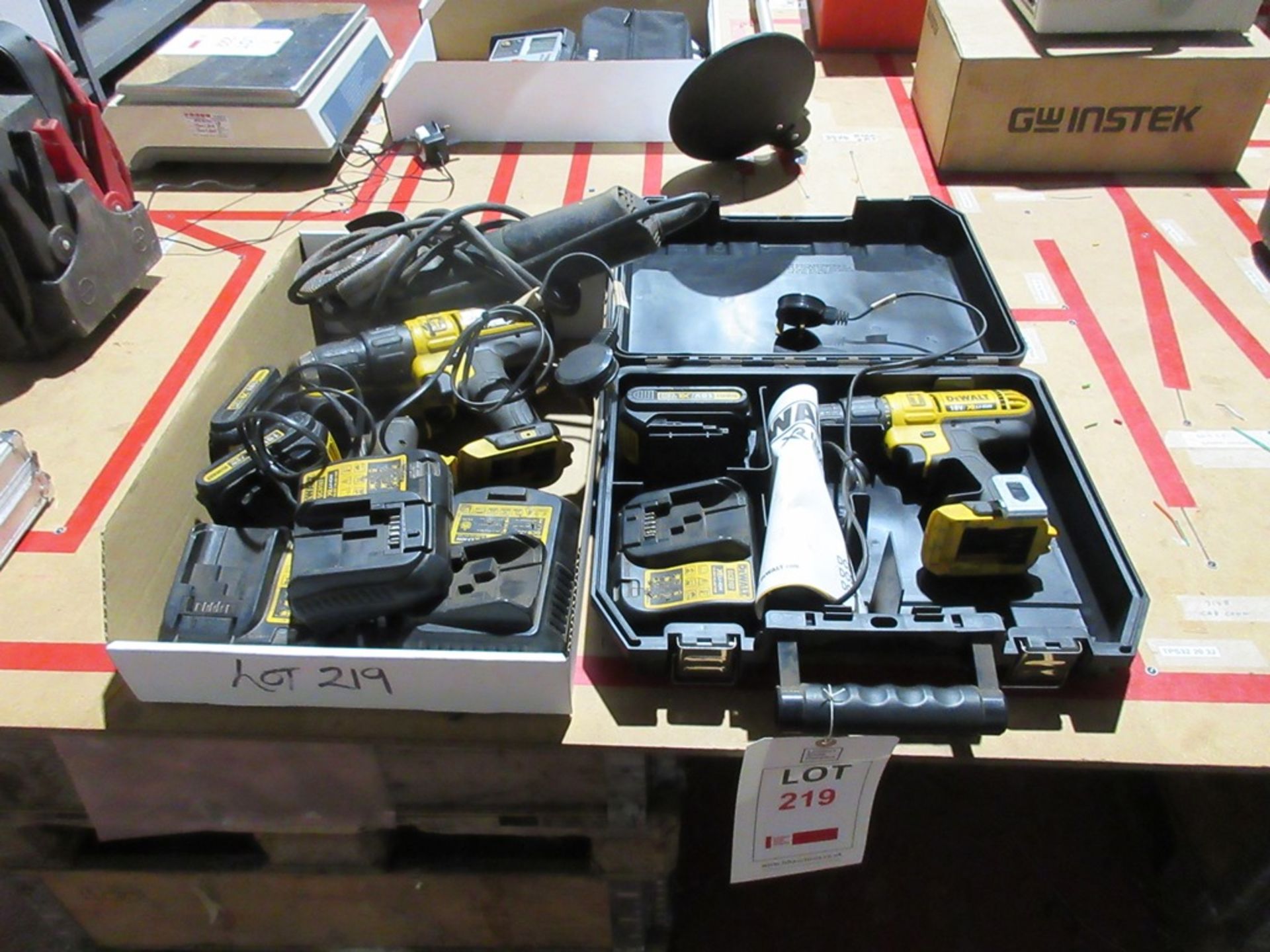 Three Dewalt 18V drills, batteries & chargers & Metabo angle grinder
