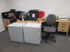 Four Desks, 3 x filing cabinets, double door cabinet & 5 x chairs