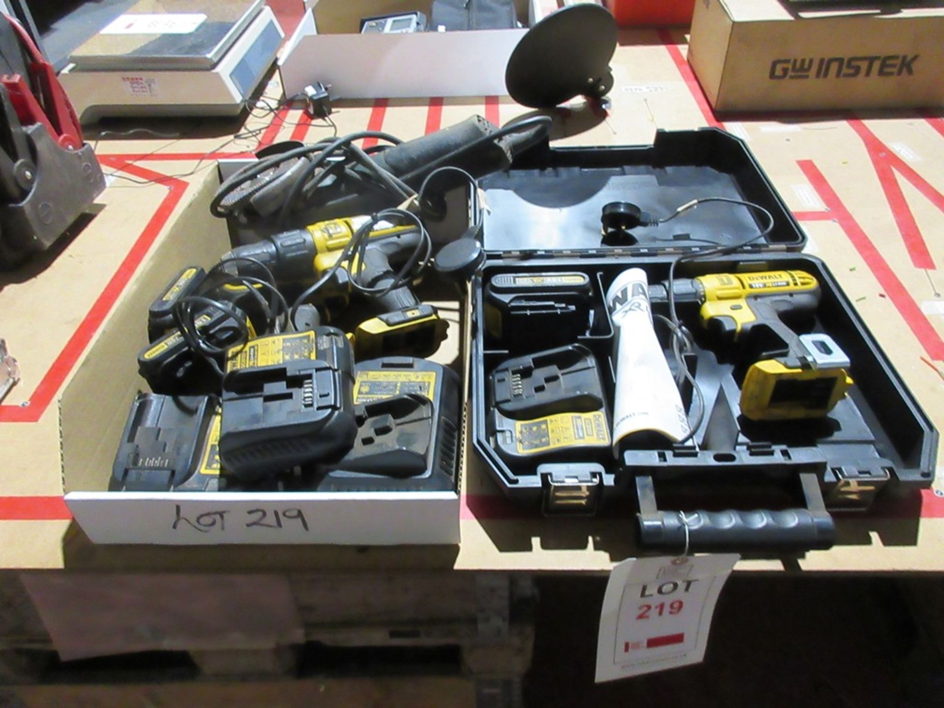 Three Dewalt 18V drills, batteries & chargers & Metabo angle grinder - Image 4 of 5