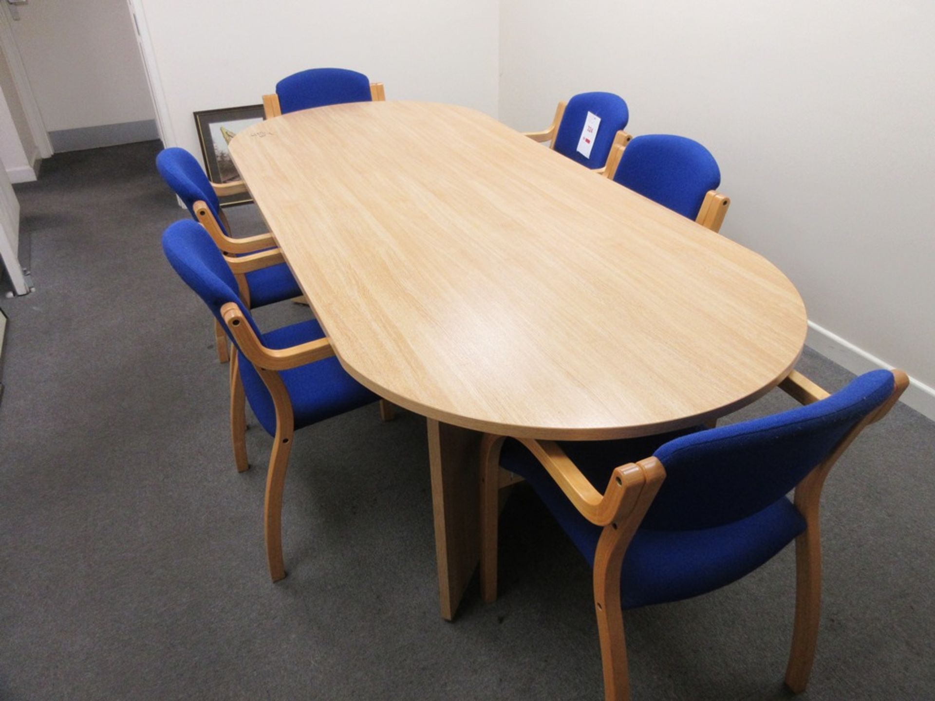 Meeting room table approx. 2400mm x 1000mm with 8 x Blue cloth upholstered armchairs - Image 2 of 3