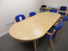 Meeting room table approx. 2400mm x 1000mm with 8 x Blue cloth upholstered armchairs