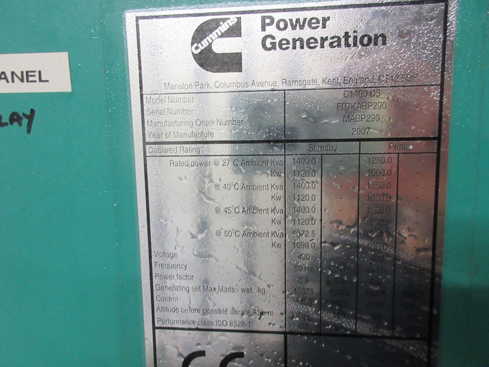 Generator 3 Comprising: 1,400KVa containerised diesel standby generator, run hours: 184 (2007)with - Image 13 of 27