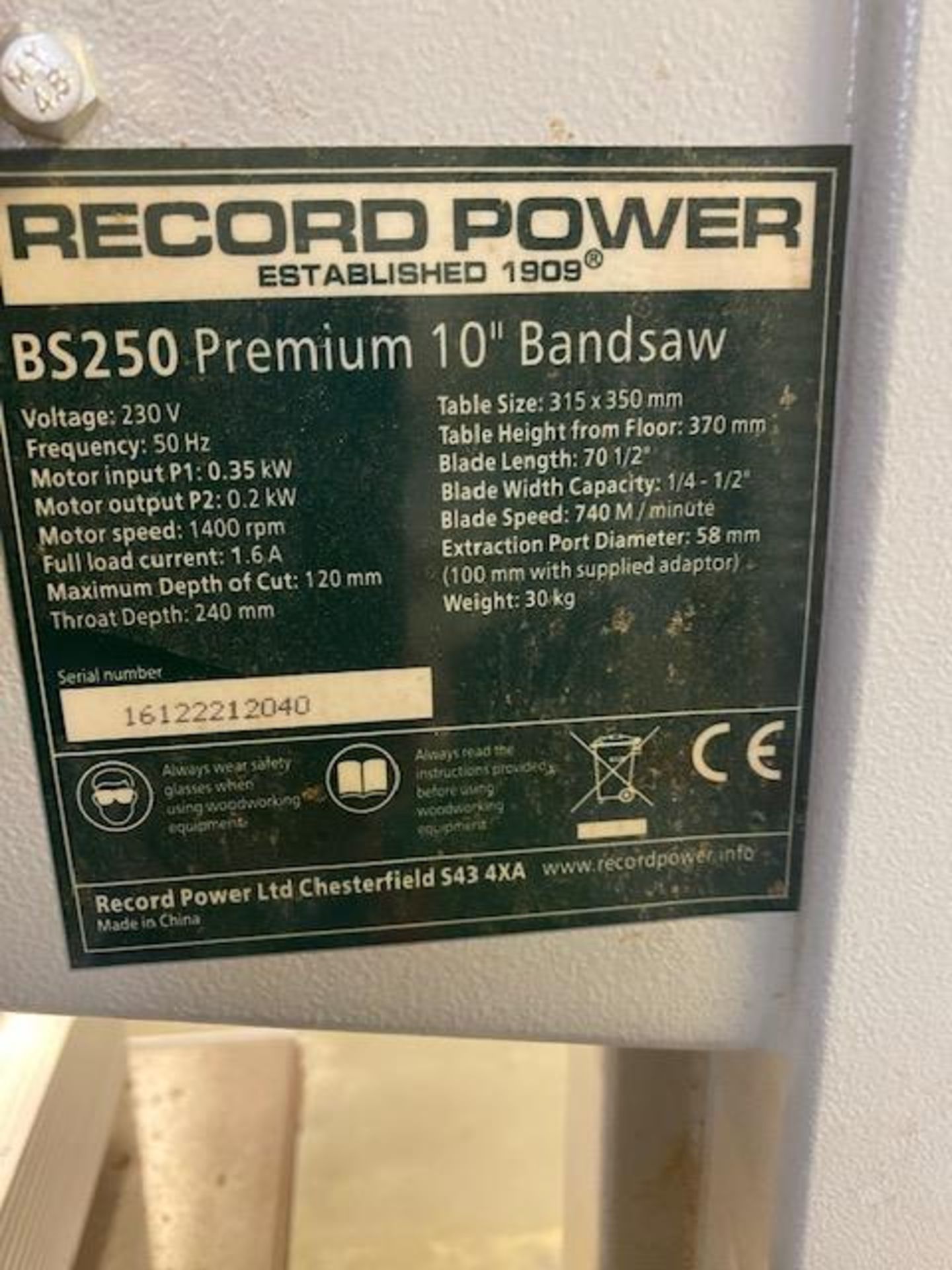 Record Power B5250 premium 10" bandsaw S/N 16122212040 - Image 3 of 4
