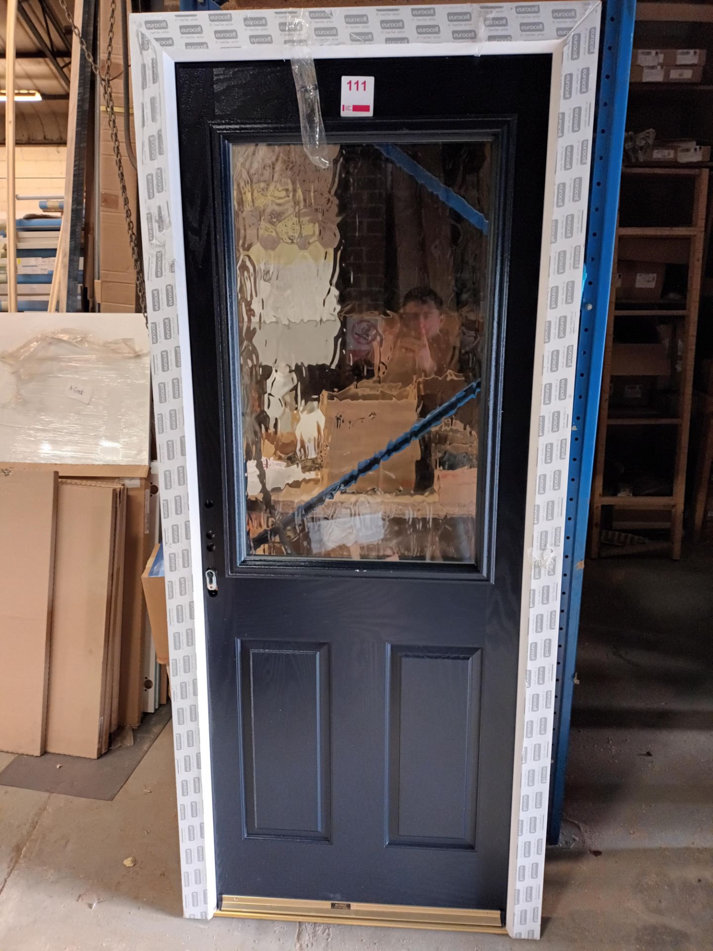 Dark blue front door with glass panel and frame (frame size: 2070mm H x 895mm W x 70mm D)