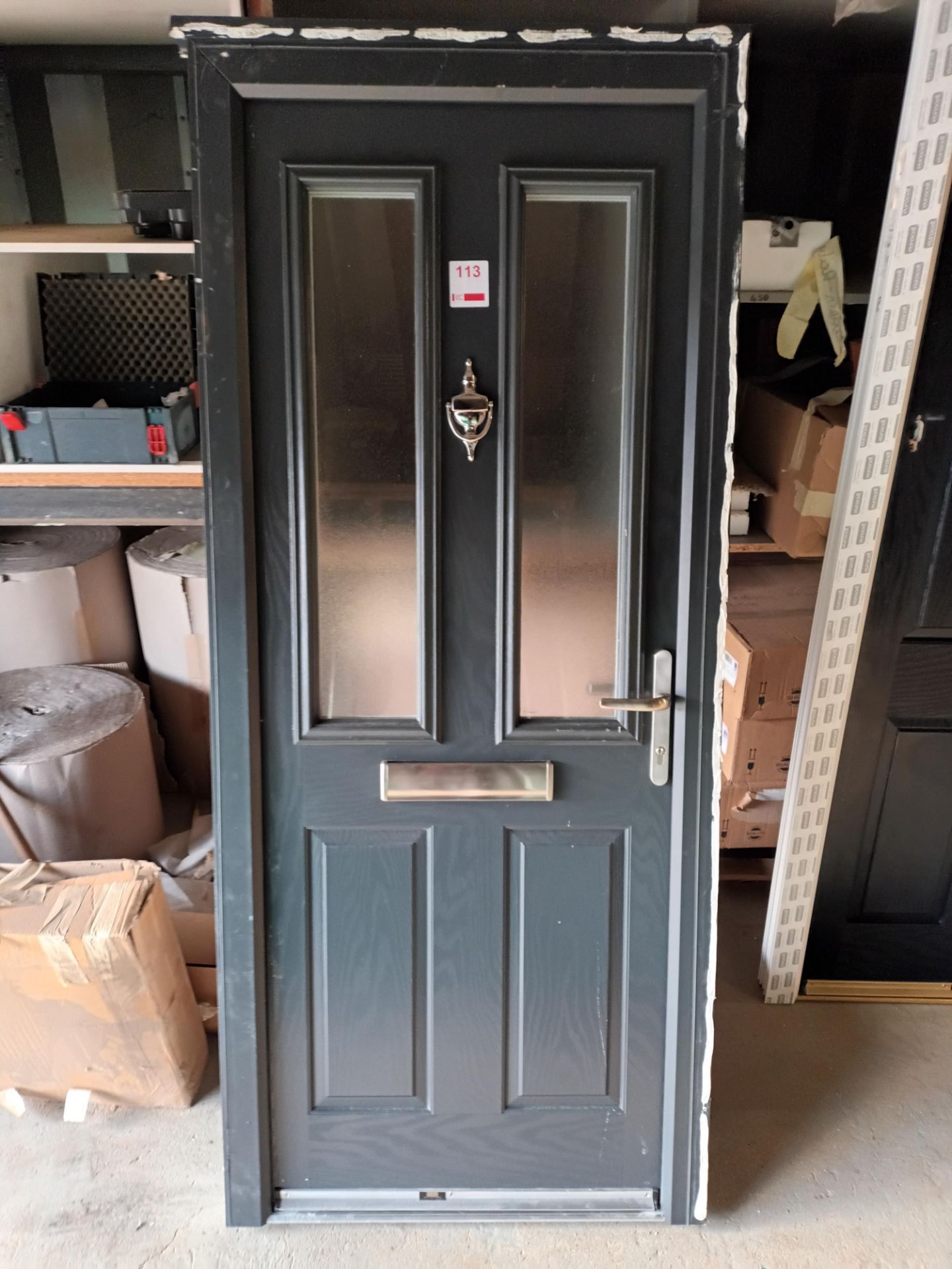 Dark grey front door with glass panels and frame (frame size: 2070mm H x 890mm W x 70mm D)