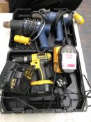 Dewalt drill case, two chargers and batteries,, case and two heat guns (Located Upminster)