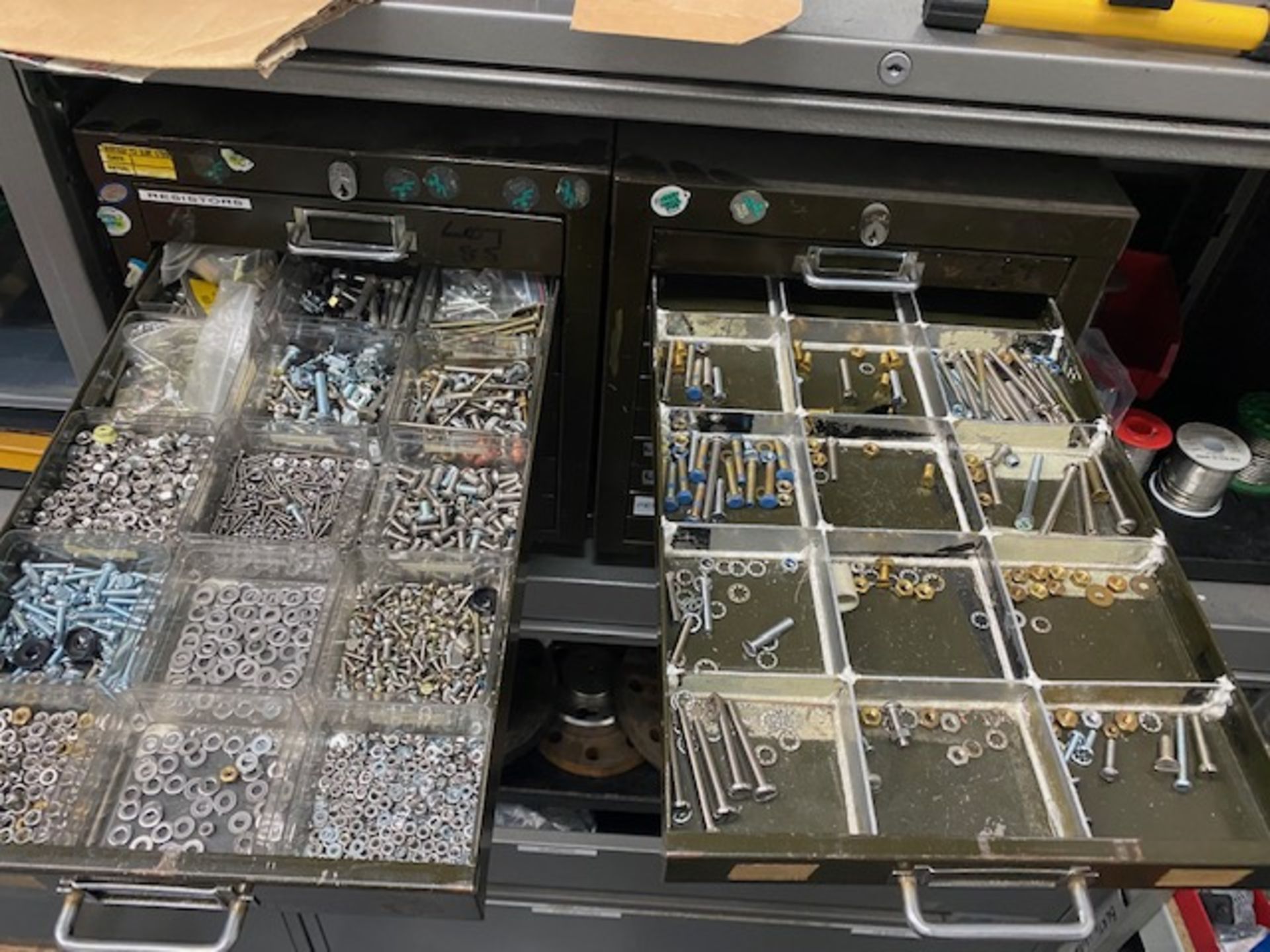 Seven and ten drawer metal storage units and contents comprising resistors, small nuts and bolts, fu - Image 3 of 8