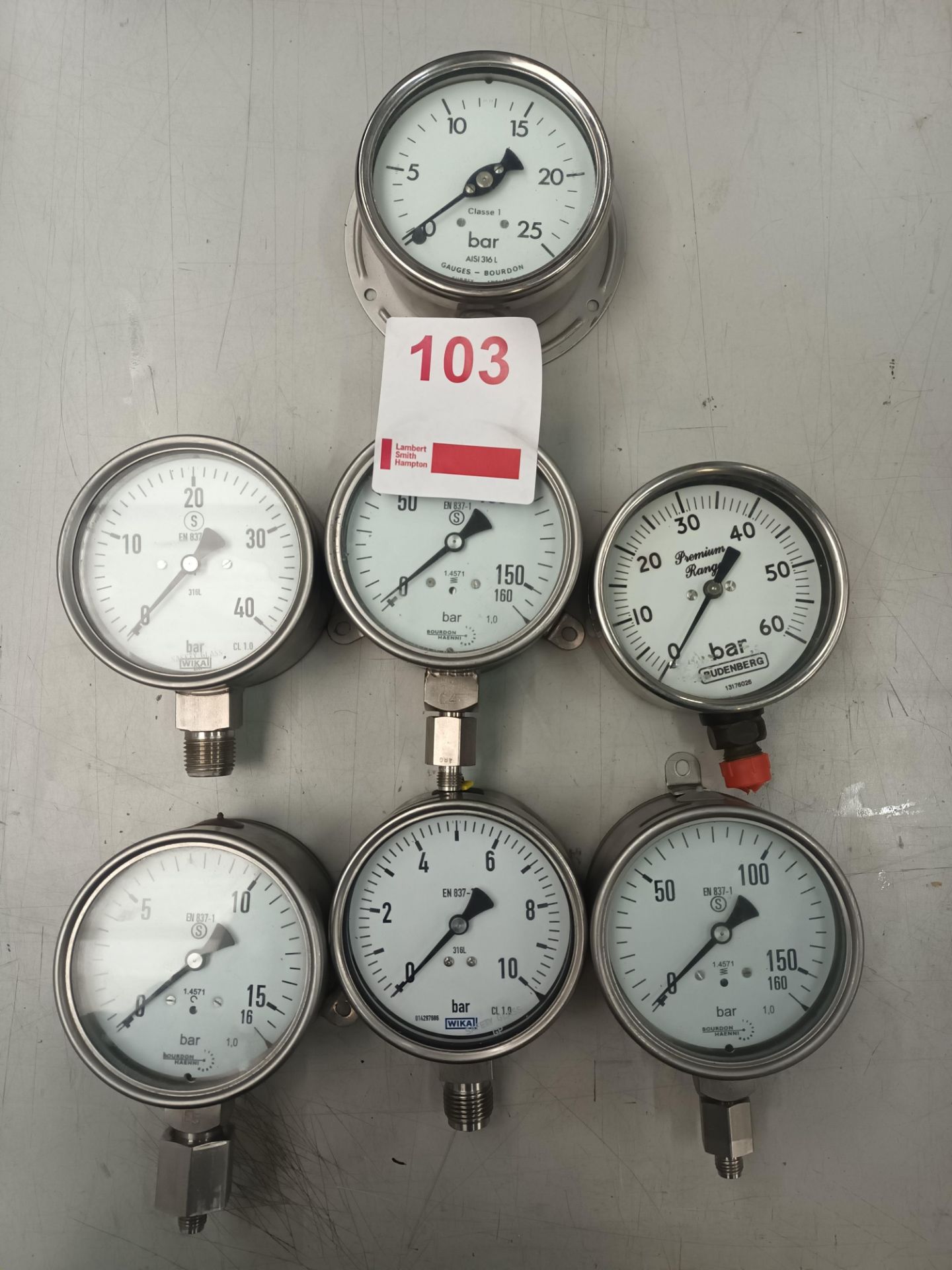 Seven various testing gauges (Located Upminster)