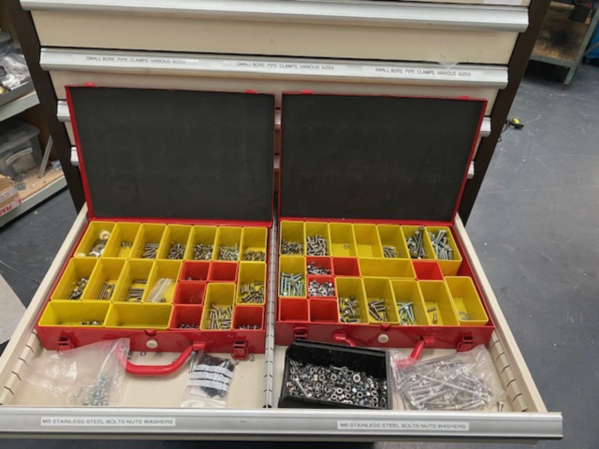 Mobile two section fourteen drawer tool chest with contents to include bone, clamp, pipe, stainless - Image 7 of 14