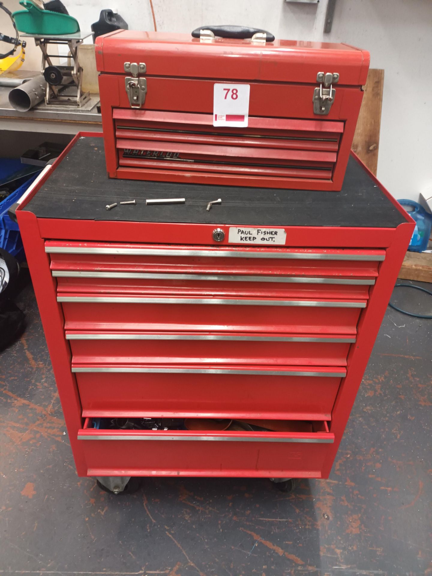 RS six drawer tool cabinet and contents comprising a quantity of handtools, socket sets etc. and Wat