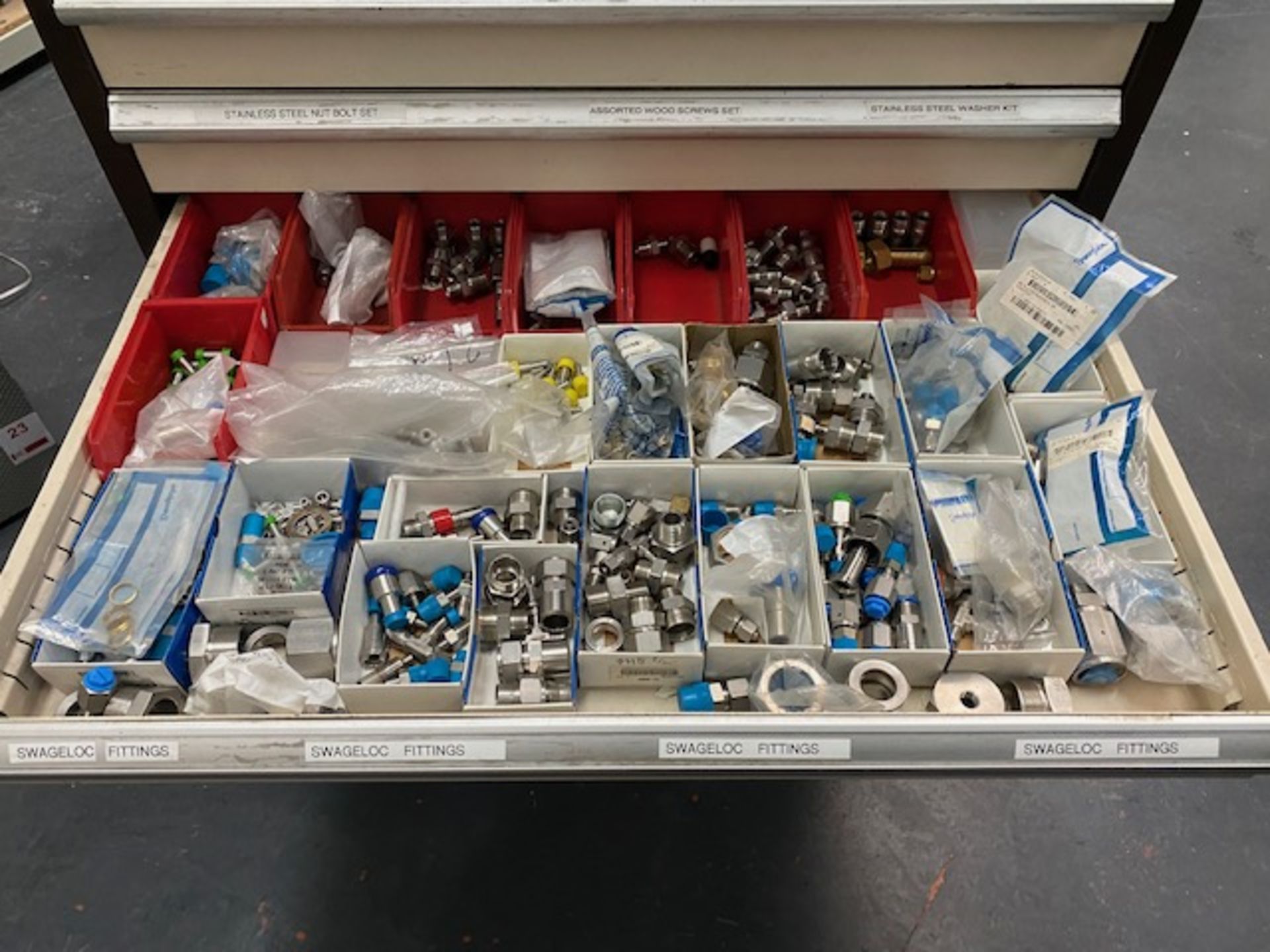 Mobile two section fourteen drawer tool chest with contents to include bone, clamp, pipe, stainless - Image 10 of 14