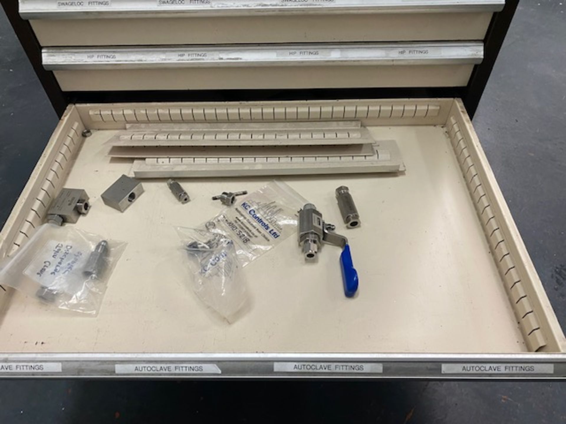 Mobile two section fourteen drawer tool chest with contents to include bone, clamp, pipe, stainless - Image 12 of 14