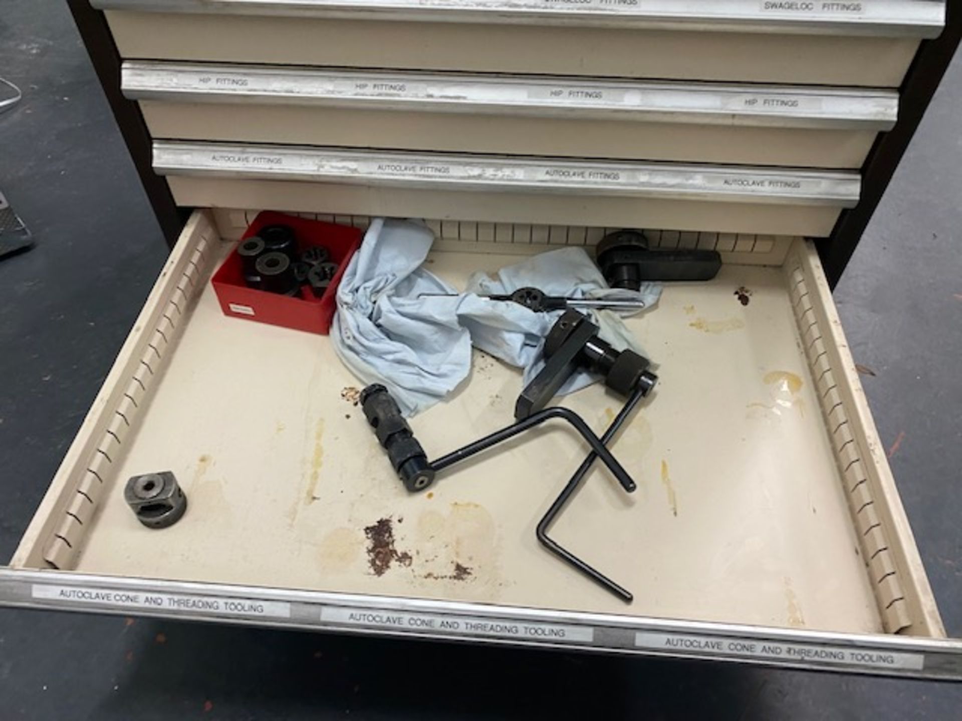 Mobile two section fourteen drawer tool chest with contents to include bone, clamp, pipe, stainless - Image 13 of 14