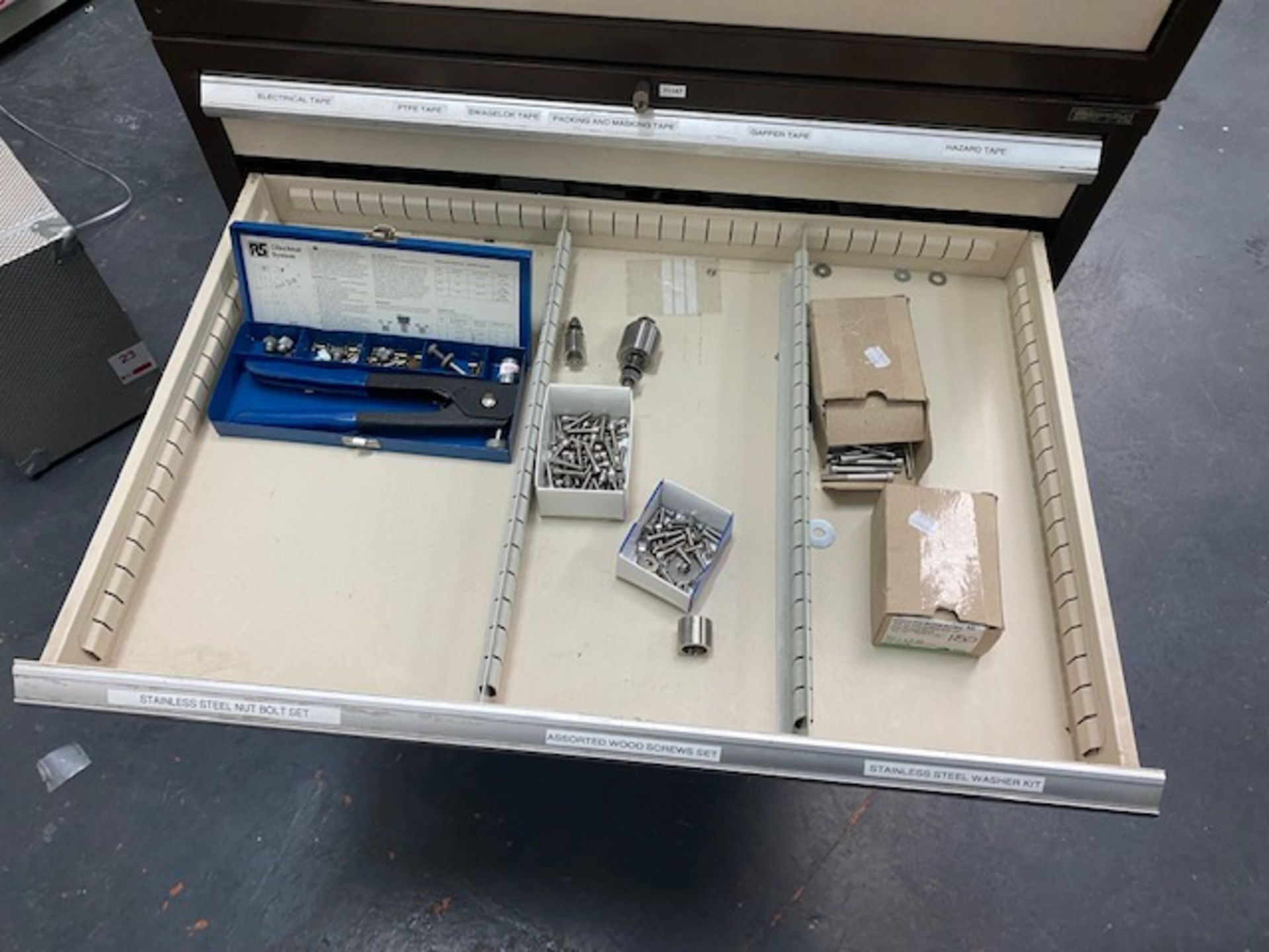 Mobile two section fourteen drawer tool chest with contents to include bone, clamp, pipe, stainless - Image 9 of 14