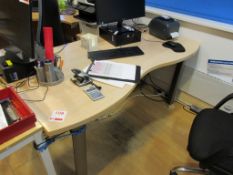 Wood effect waved work station, wood effect 3 drawer pedestal unit, upholstered swivel chair