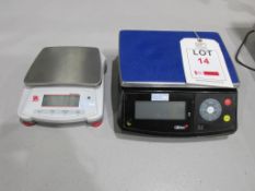 GRAM S2-15000 electronic bench top weighing scales, serial no. 0000366499 and OHAUS NV221 electronic