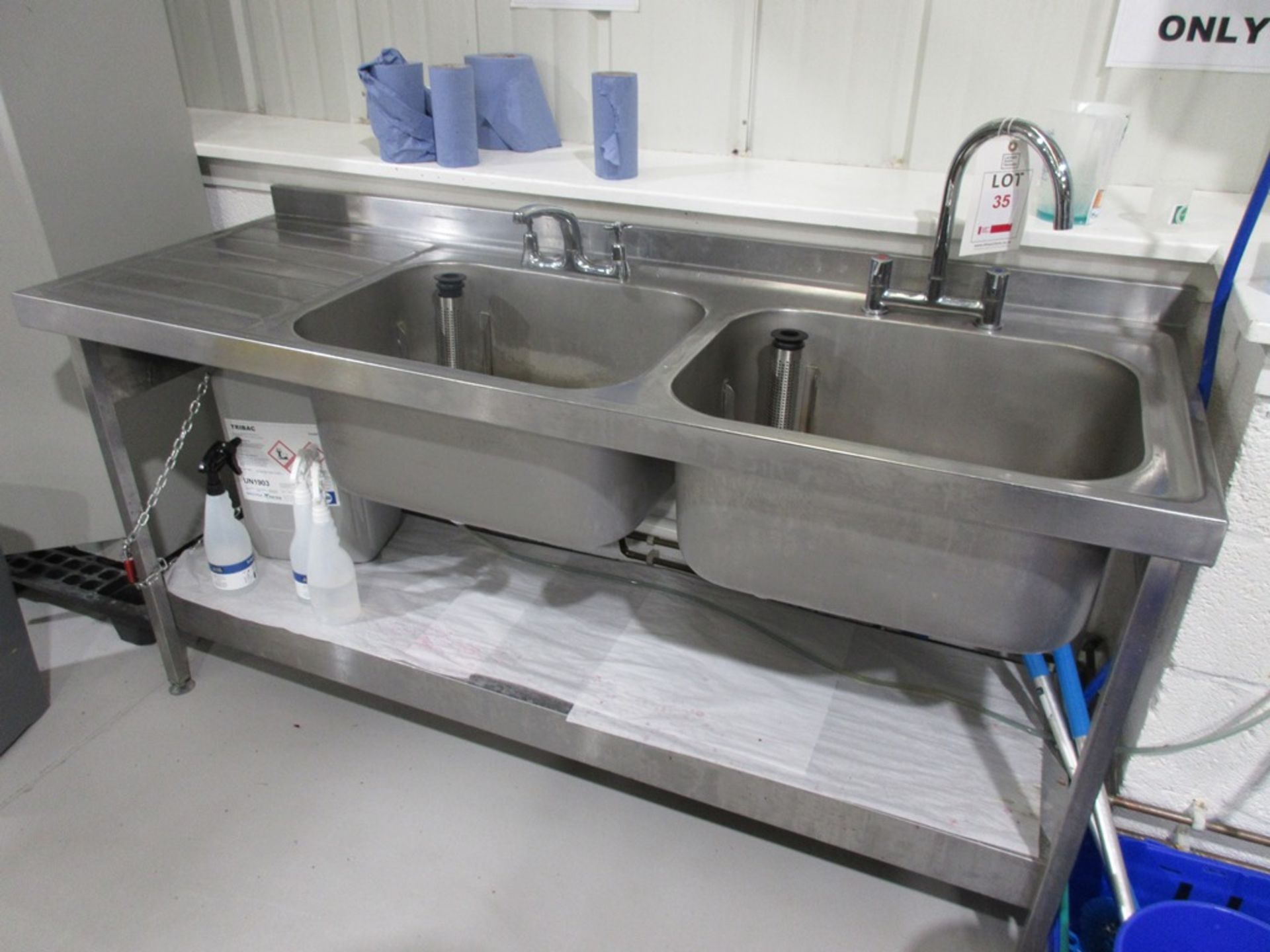 Stainless steel freestanding twin deep bowl sink and drainer with undershelf, 1800mm x 660mm