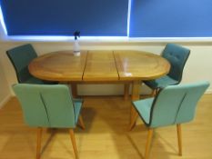 Wood effect oval table, 1.6m x 920mm, 4 x upholstered chairs