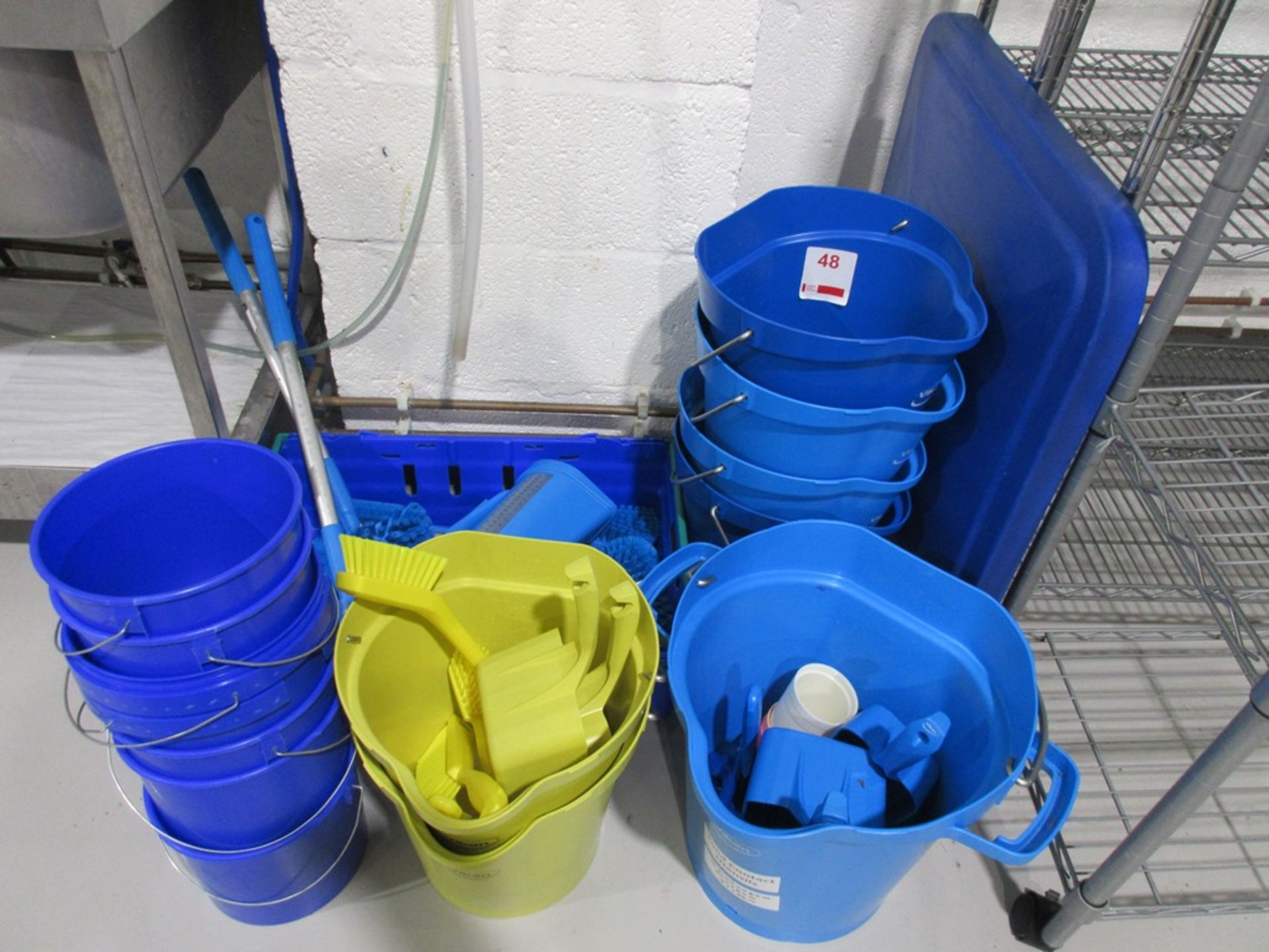 Quantity of assorted plastic buckets, brushes, scoops, etc. as lotted