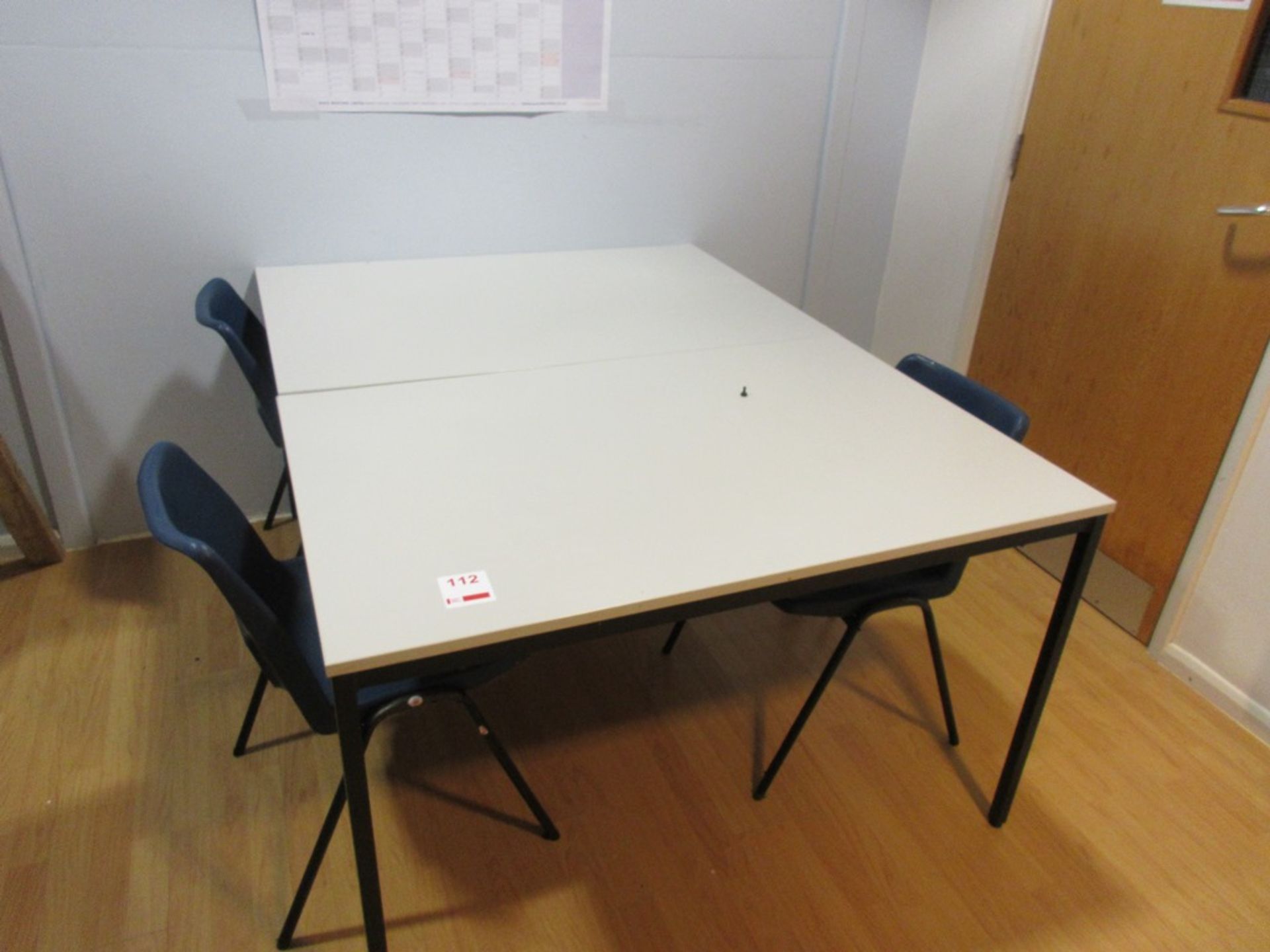 Two canteen tables, 1.2m x 860mm, 3 x plastic canteen chairs