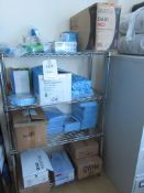 Rack and contents including assorted food hygiene ware including oversleeves, disposable masks,