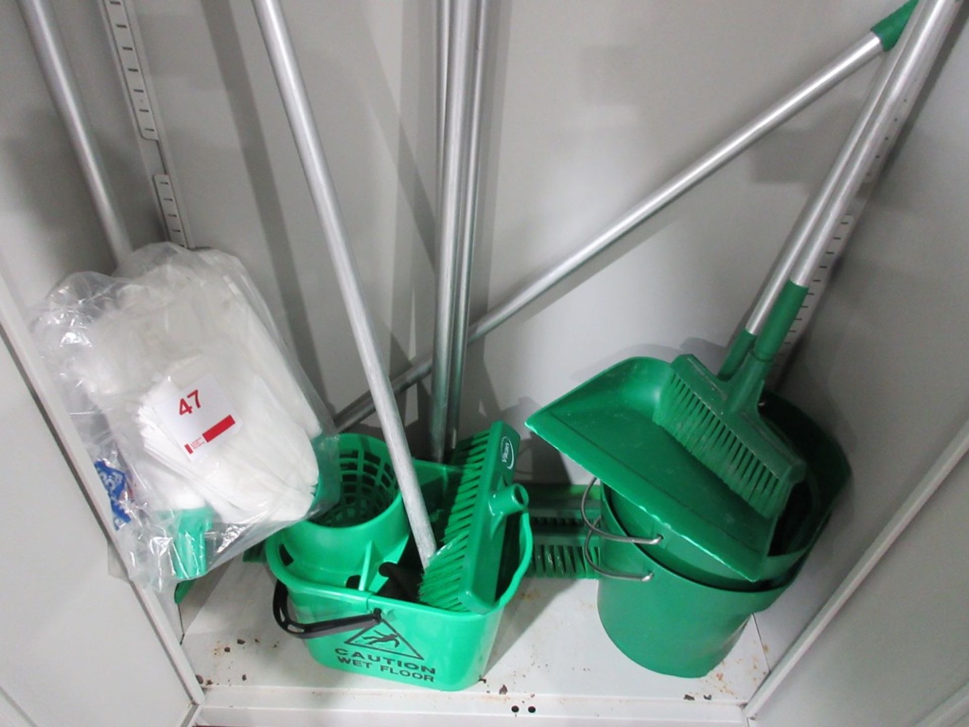 Contents of cupboard including mop bucket, brushes, mop heads, dustpans, hand brushes etc. - Image 2 of 3