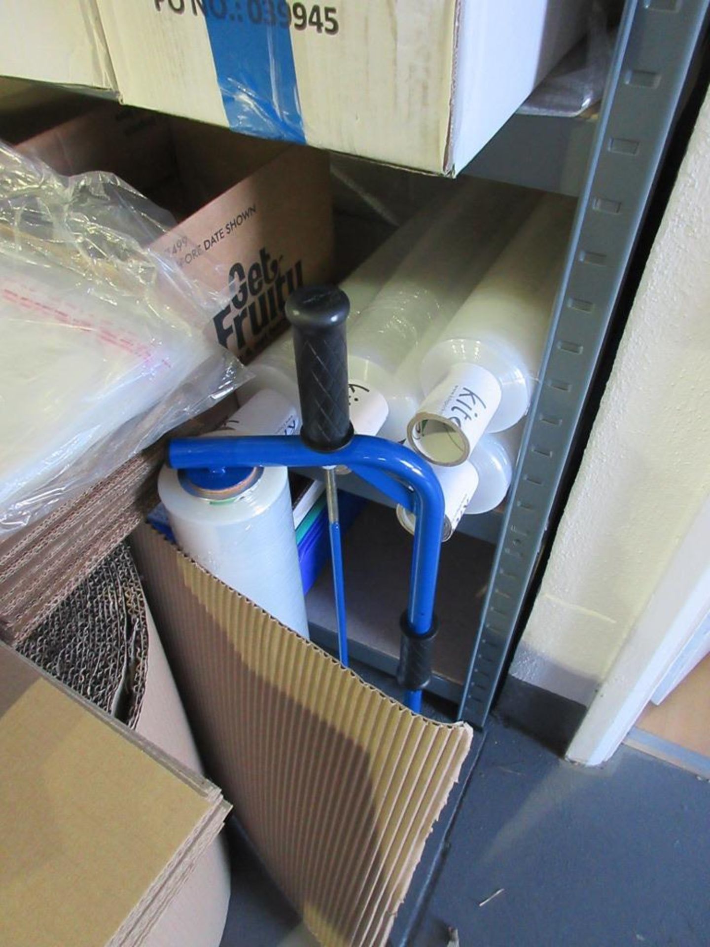 Rack and contents including pallet wrapping, tape, reeled cardboard and paper etc., as lotted - Image 4 of 7