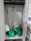 Contents of cupboard including mop bucket, brushes, mop heads, dustpans, hand brushes etc.