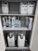 Contents of cupboard and rack including Handsan disinfectant, spray bottles, hand soap, gloves,