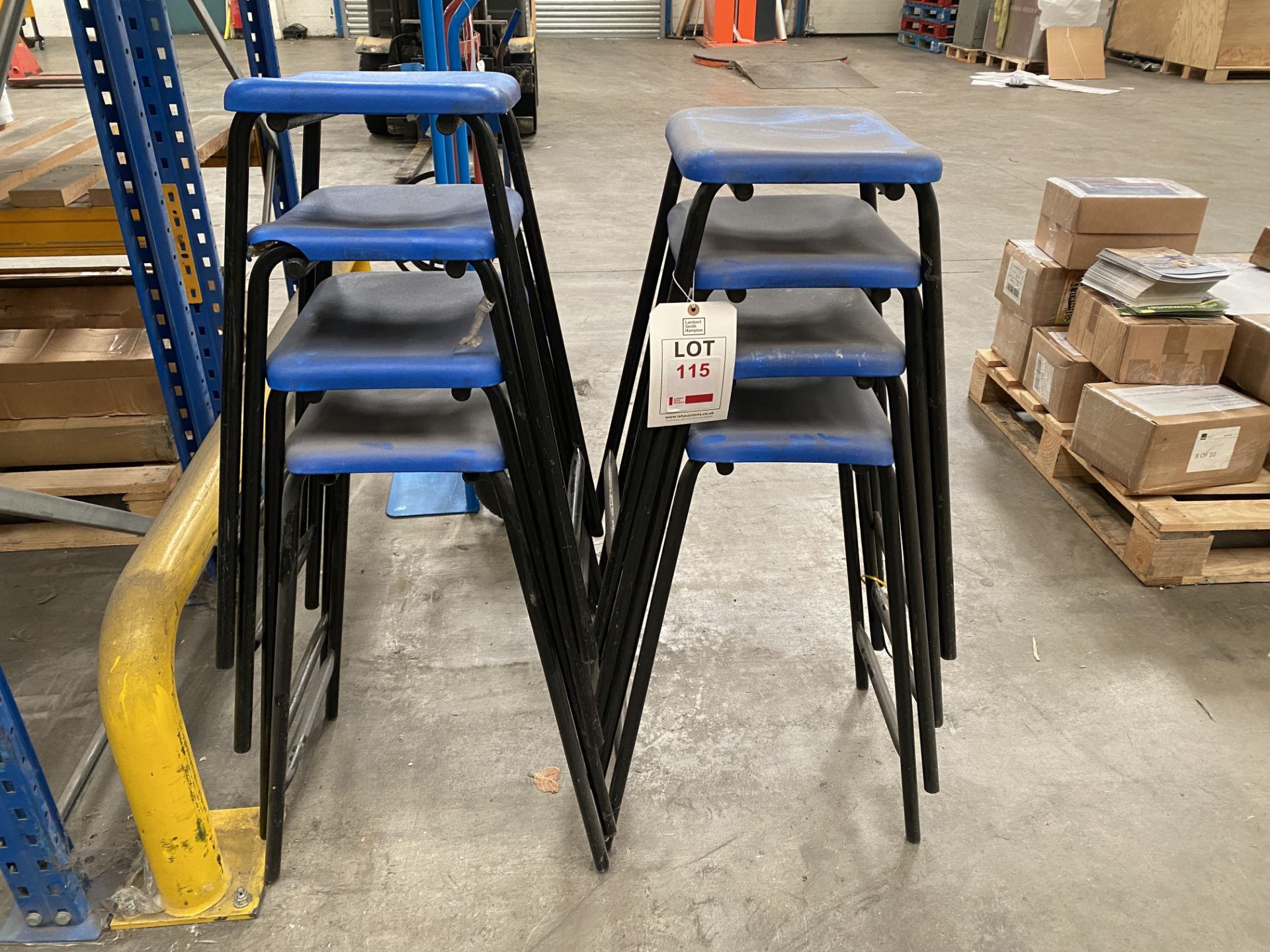 Eight black & blue stools