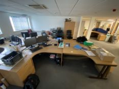 Three wood effect corner desks, one wood effect filing cabinet, two wood effect pedestal units