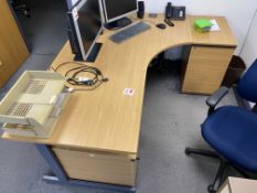 Two wood effect corner desks, one wood effect desk with built in drawers, four wood effect