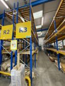 Five bays of adjustable boltless pallet racking, blue/orange