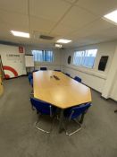 Conference table, nine upholstered chairs, two wood effect display cabinets