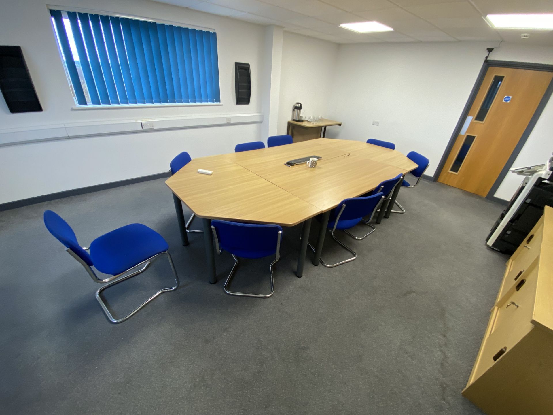 Conference table, nine upholstered chairs, two wood effect display cabinets - Image 3 of 4