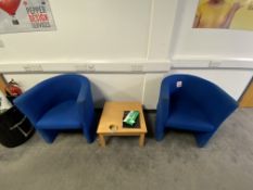 Three blue upholstered tub chairs & small table