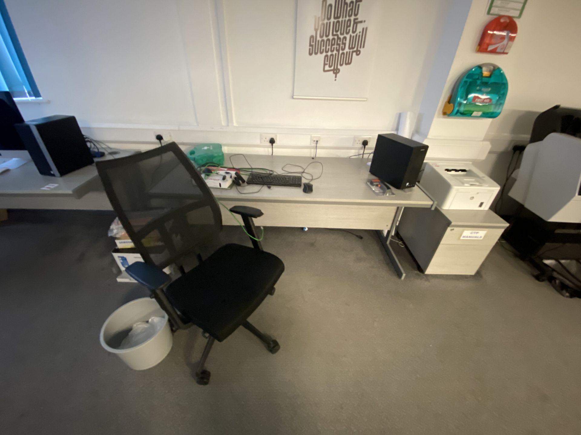 Large/medium grey wood effect desk, pedestal, two chairs - Image 2 of 3