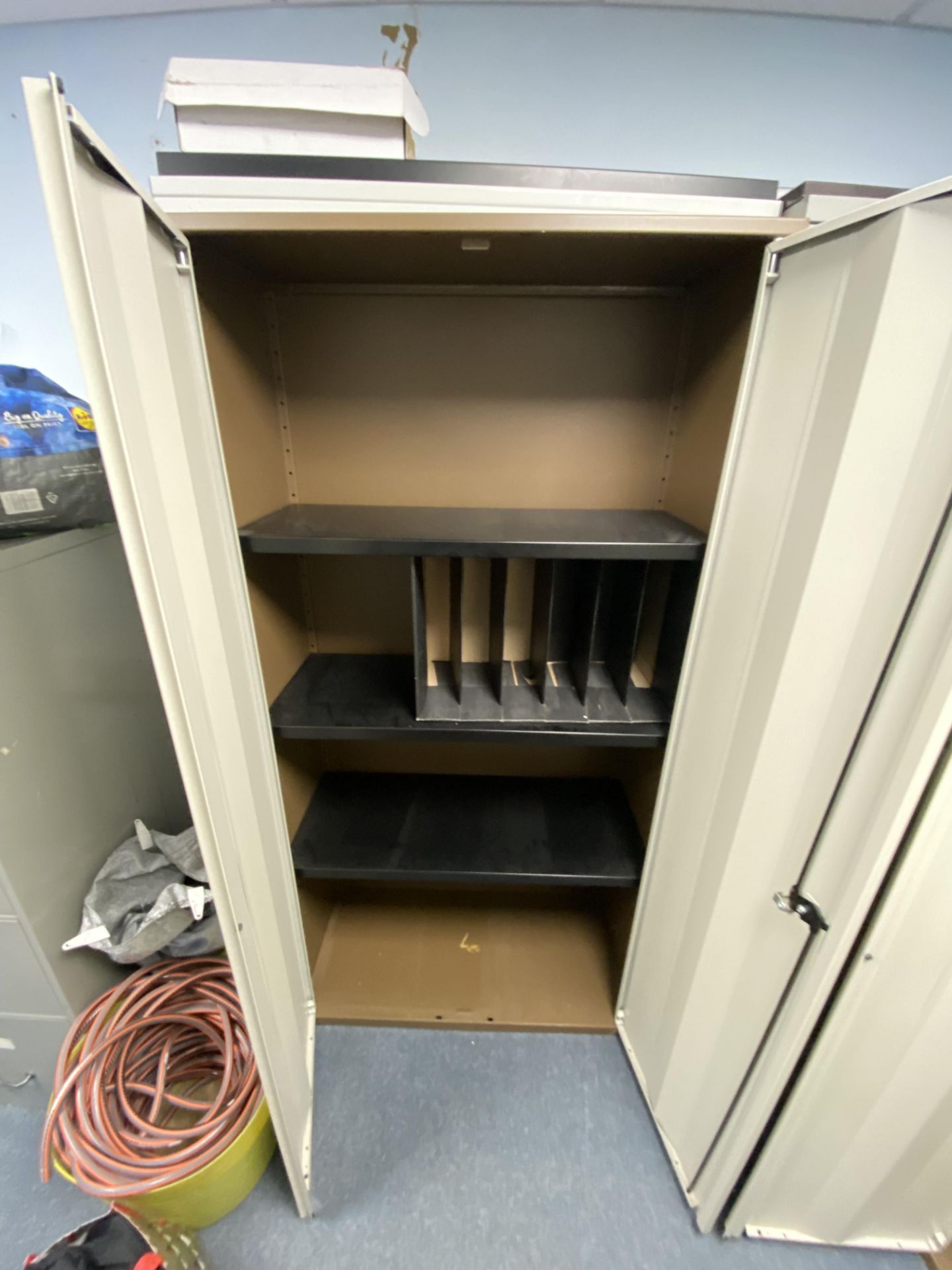 Three metal, 2-door storage cabinets (2 - with keys, 1 - no key) - Image 2 of 6