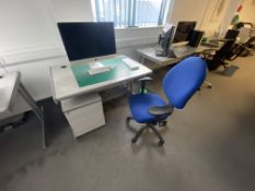 Large/medium grey wood effect desk, pedestal, two chairs