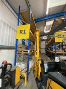 Five bays of adjustable boltless pallet racking, blue/orange