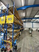 Five bays of adjustable boltless pallet racking, blue/orange