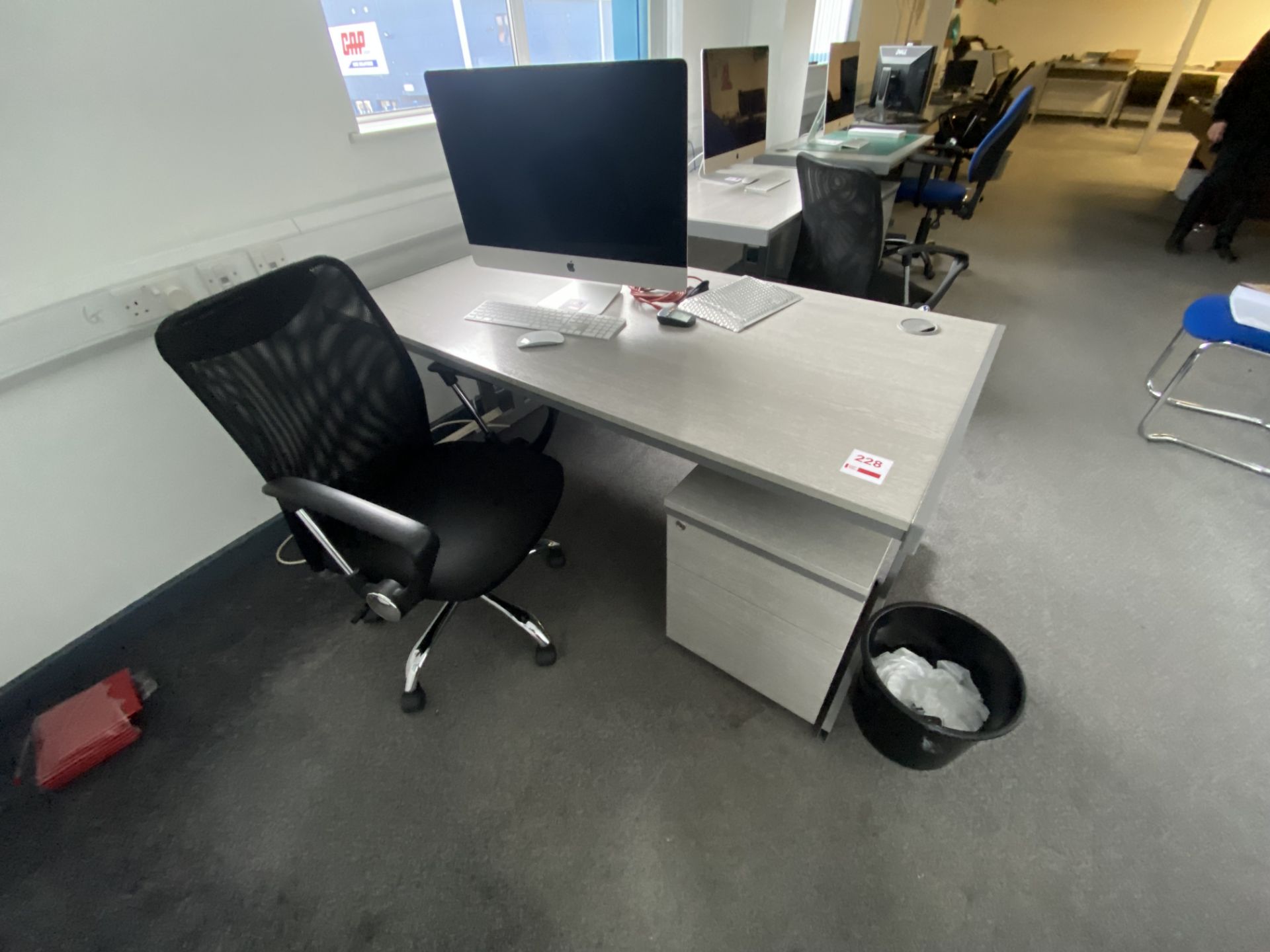 Large/medium grey wood effect desk, pedestal, two chairs