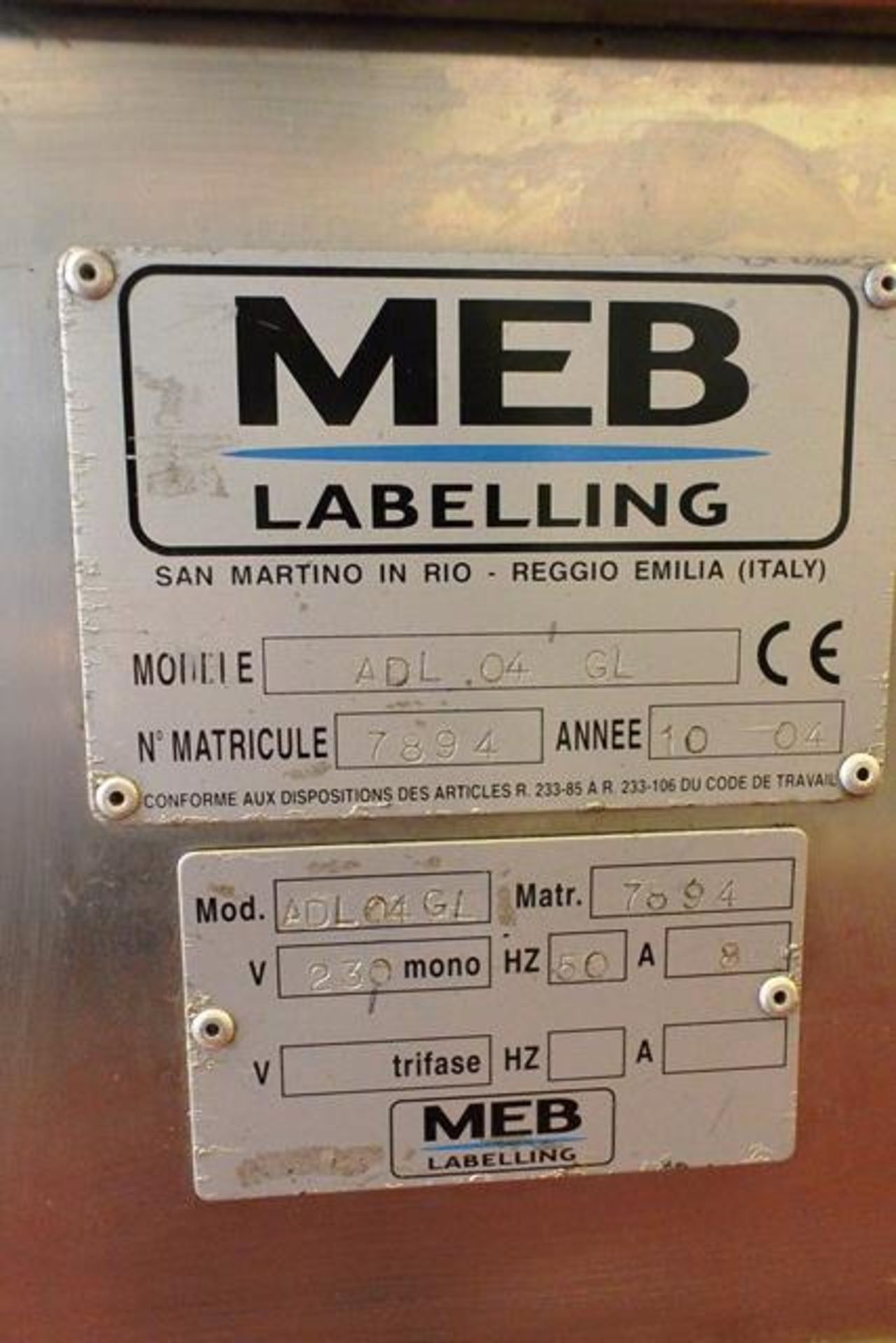 MEB ADL.04 GL stainless steel automatic labelling machine, serial no. 7894 (2004) (3 phase), with - Image 2 of 9