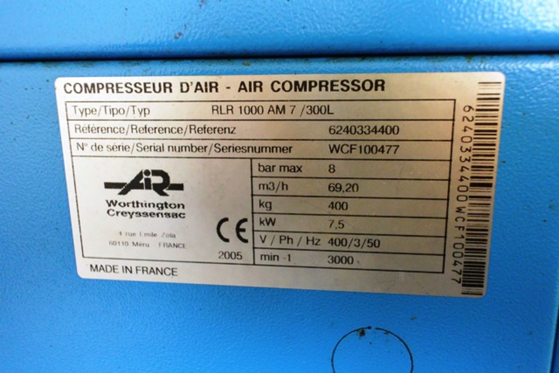 Worthington Creyssensac, roll air 1000 amp7/300L receiver, mounted air compressor, serial no. - Image 2 of 6