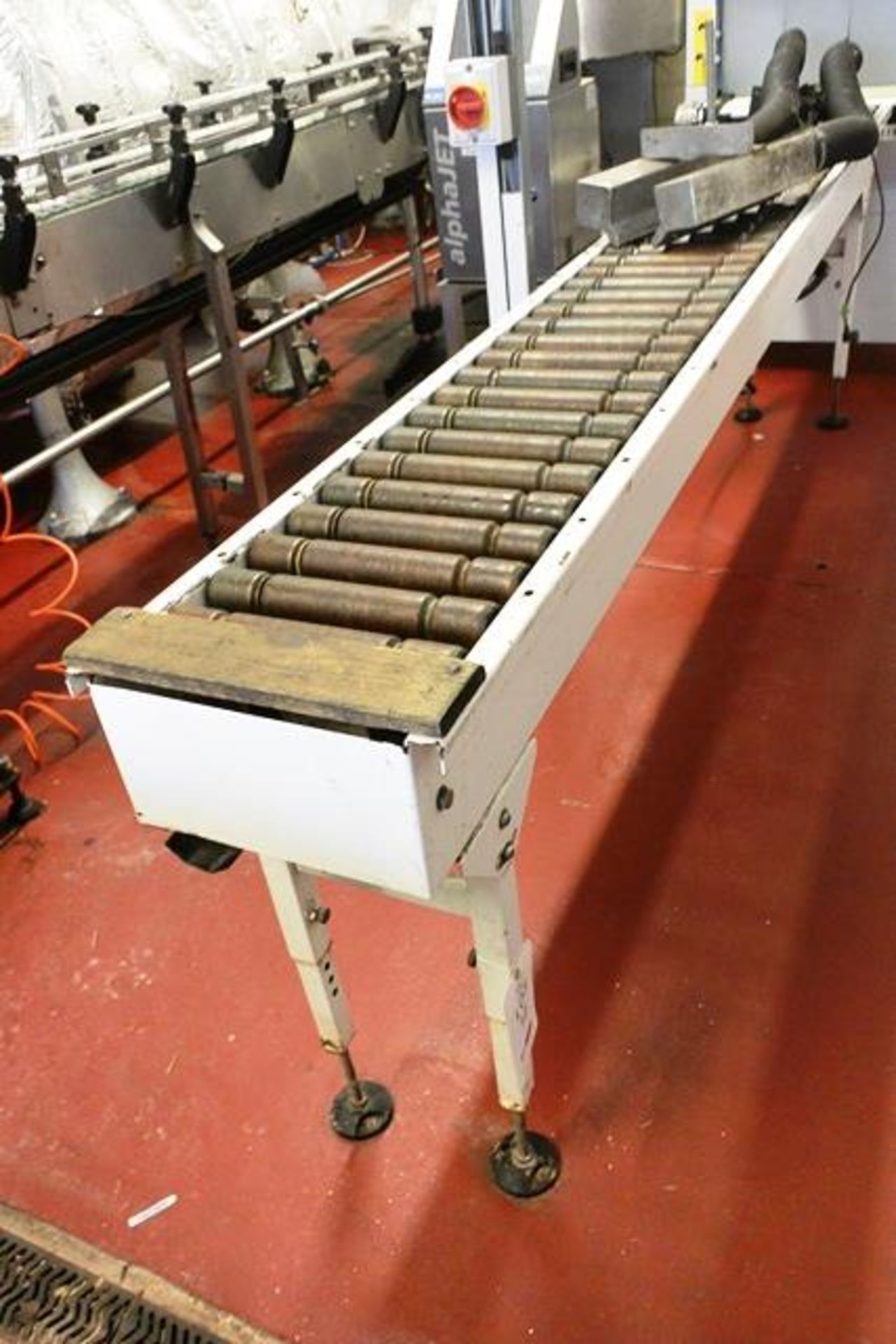 Steel frame horizontal gravity fed conveyor section, approx 3m length, approx 300mm width,